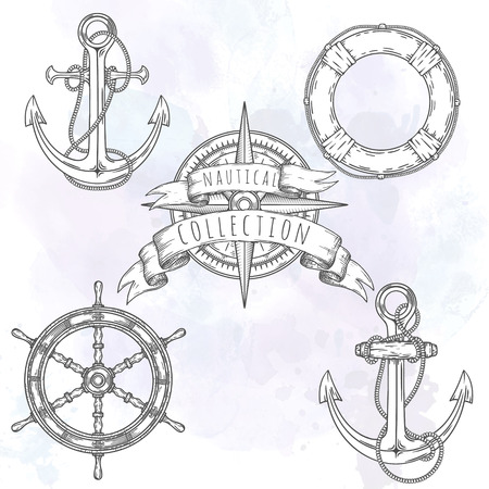 Hand drawn nautical illustrations. Vector marine objects.のイラスト素材