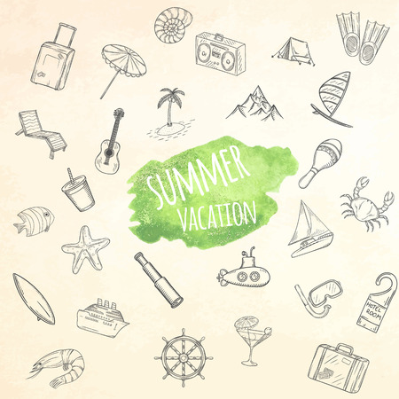 Summer objects set. Vacation background. Hand drawn vector illustrations.のイラスト素材