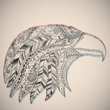 Eagle in oriental tribal ornament. Hippie ornament. Hand drawn.のイラスト素材