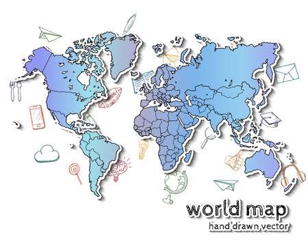 Hand drawn realistic world map. Concept with doodle icons.のイラスト素材
