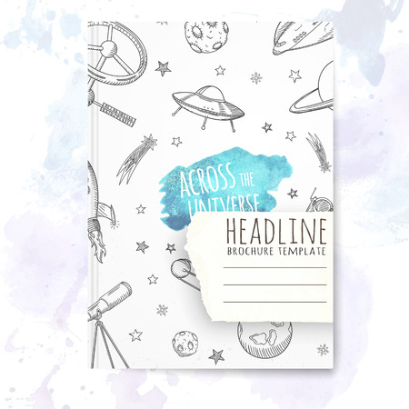 Notebook template with hand drawn astronomy doodles. Vector editable notebook cover.のイラスト素材