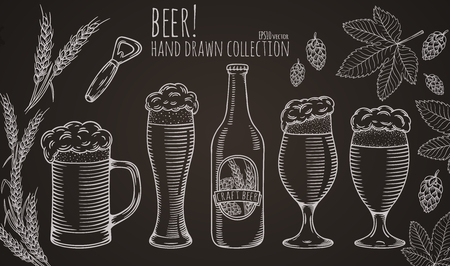 Set of beer objects. Hand drawn vector illustration.のイラスト素材