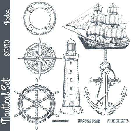 Hand drawn nautical illustrations. Vector marine objects.のイラスト素材