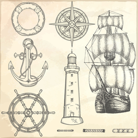 Hand drawn nautical illustrations. Vector marine objects.のイラスト素材