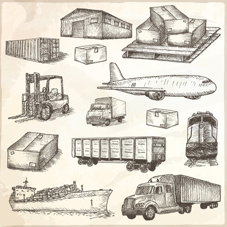 Logistics hand drawn isolated elements. Vector illustration.のイラスト素材