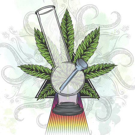 Marijuana leaf. Hand drawn isolated illustrations on abstract watercolor background.のイラスト素材