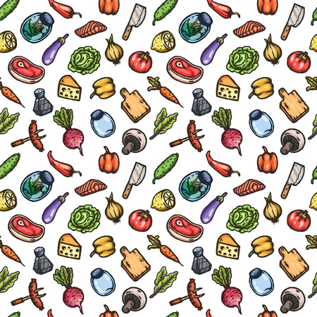 Hand drawn cartoon seamless pattern of food and kitchen stuff.のイラスト素材
