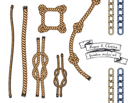 Set of hand drawn editable brushes of ropes and chains.のイラスト素材