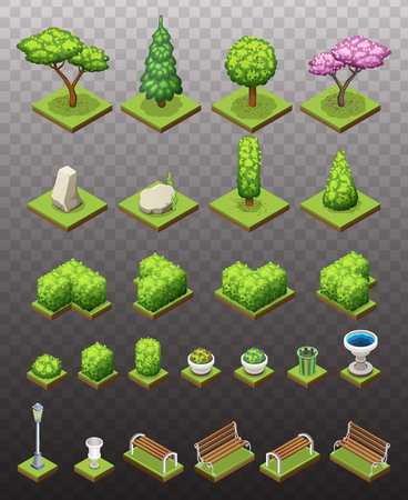Isometric park constructor. Set of different trees, bushes and other park objects. Isolated vector illustrations.のイラスト素材
