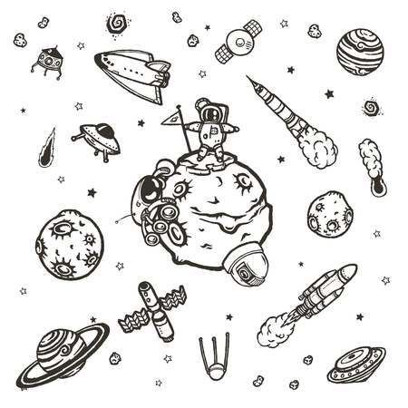 Hand drawn set of astronomy doodles. Hand drawn vector illustration.のイラスト素材