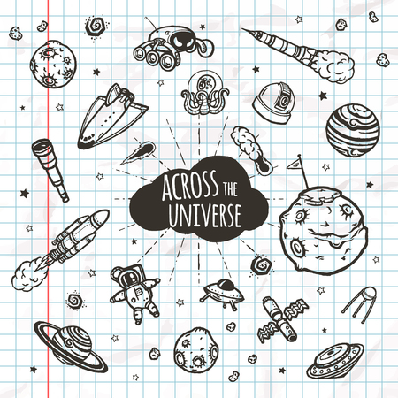 Hand drawn set of astronomy doodles. Hand drawn vector illustration.のイラスト素材