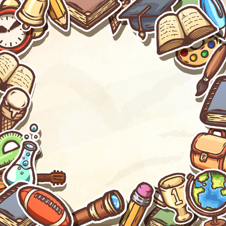 Hand drawn colorful school cartoons frame. Vector illustration.のイラスト素材