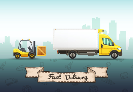 Conceptual vector illustration of fast delivery service with truck and forklift on a urban background.のイラスト素材
