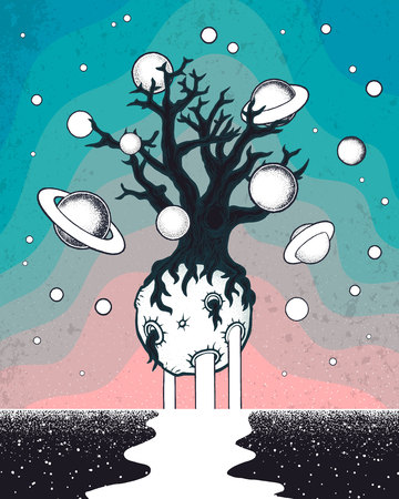 Hand drawn abstract mystery tree on the moon in deep space.のイラスト素材