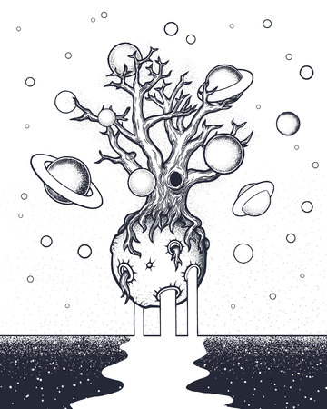 Hand drawn abstract mystery tree on the moon in deep space.のイラスト素材
