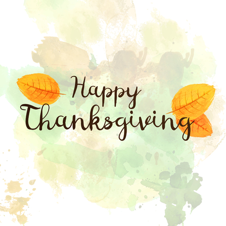 Happy Thanksgiving hand-drawn greeting text with autumn leaves.のイラスト素材