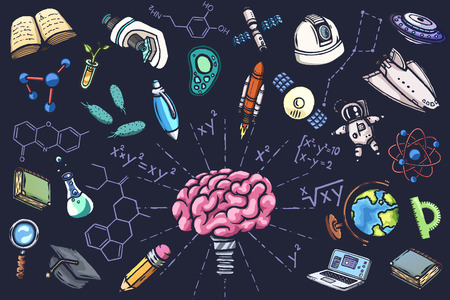 Scientific set of hand drawn vector icons.のイラスト素材