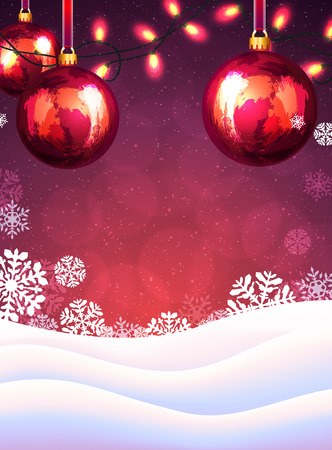 Christmas background with snowflakes and lights of Christmas tree on red background.の写真素材