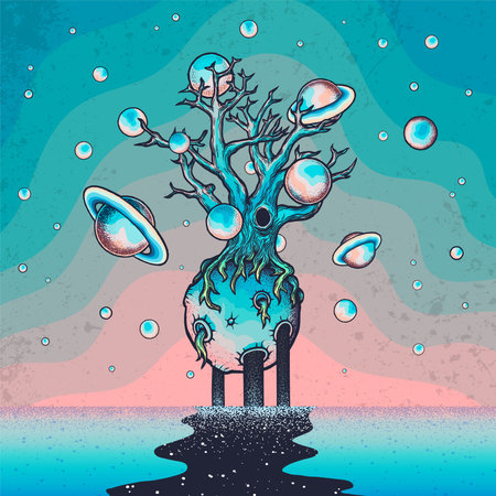 Hand drawn abstract mystery tree on the moon in deep space.のイラスト素材