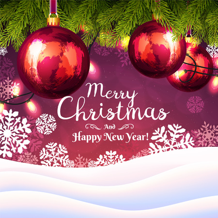 Christmas background with snowflakes and Christmas tree branches with decorations and garlands on red background. Happy New Year greeting card cover.のイラスト素材