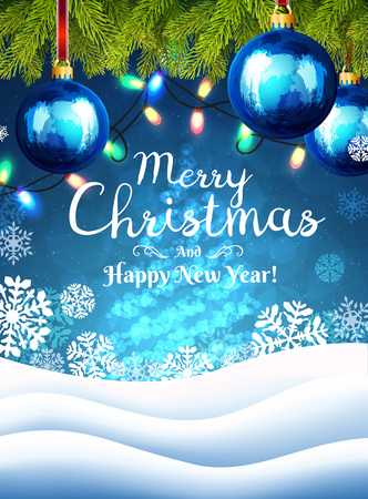 Christmas background with snowflakes and Christmas tree branches with decorations and garlands on blue background. Happy New Year greeting card cover.のイラスト素材