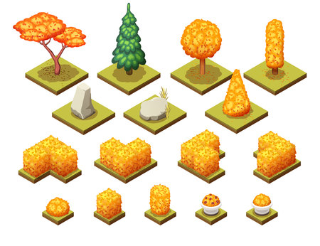 Autumn collection of isometric trees, rocks, and different park objects. Vector isolated illustrations.のイラスト素材