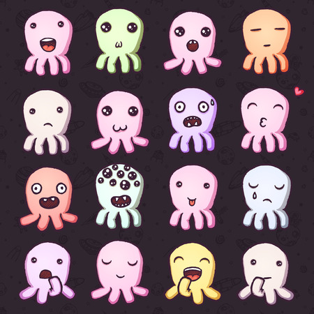 Set of cute little monsters emoticons. Hand drawn vector isolated illustrations.のイラスト素材