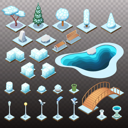 Winter collection of isometric trees, rocks, and different park objects. Vector isolated illustrations.のイラスト素材