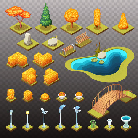 Autumn collection of isometric trees, rocks, and different park objects. Vector isolated illustrations.のイラスト素材
