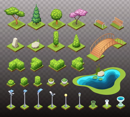 Isometric park constructor. Set of different trees, bushes and other park objects. Isolated vector illustrations.のイラスト素材