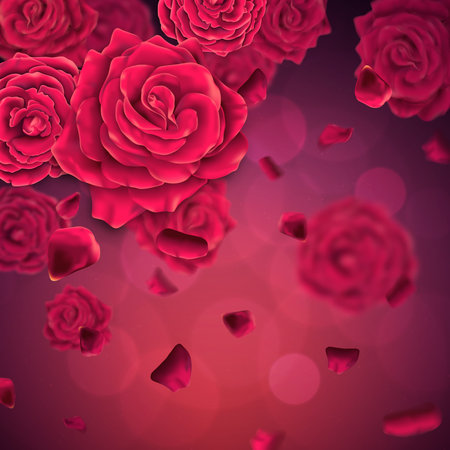 Background with falling realistic roses and petals. Vector illustration.のイラスト素材