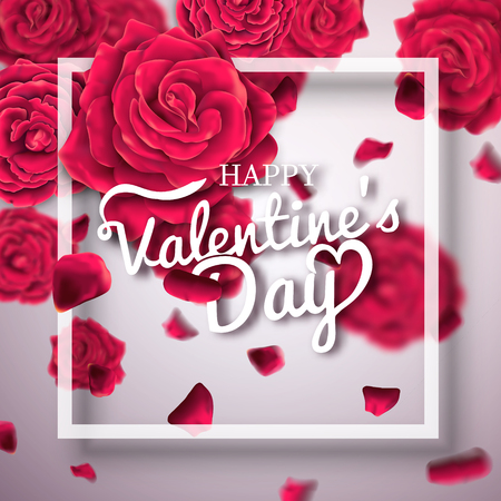 Valentines day typography poster with realistic roses. Valentines day celebration vector background.のイラスト素材