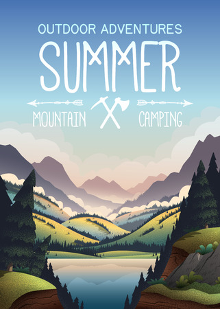 Vector poster for outdoor activities with vibrant cartoon illustrations.のイラスト素材