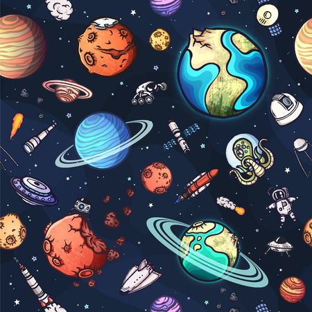 Hand drawn vector astronomy doodle seamless pattern.のイラスト素材