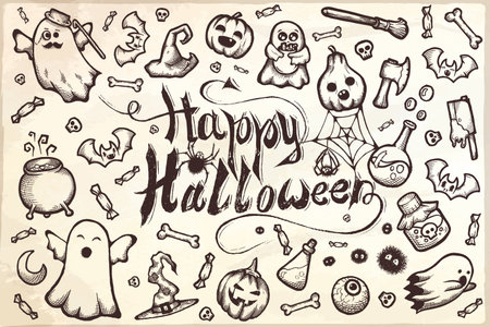 Hand-drawn set of many Halloween cartoon doodles.のイラスト素材