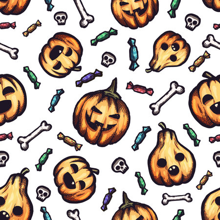 Halloween hand-drawn vector seamless pattern with cartoon doodles.のイラスト素材