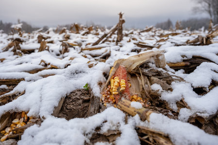 Corn in the field among the first snow.の写真素材