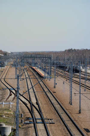 Infrastructure of the railway industry, tracks and railway traction in the Polish countrysideの写真素材