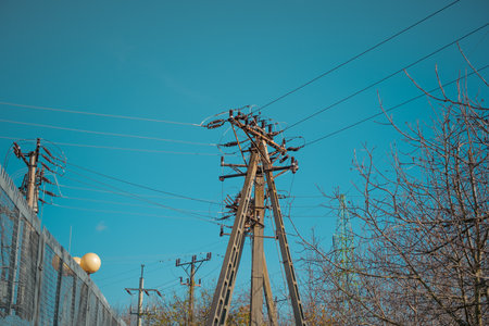 High voltage pole - electrical infrastructure, electric pole and energy towersの写真素材