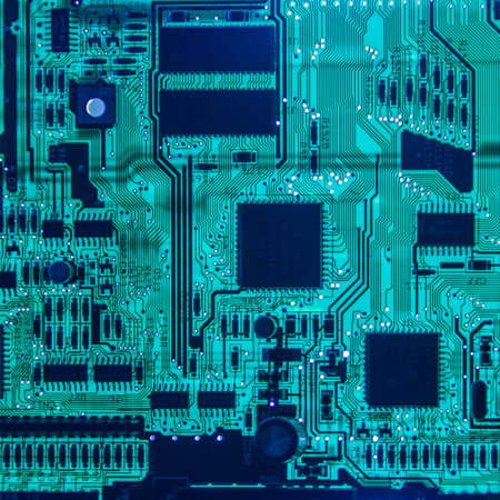 Computer motherboard glowing closeup