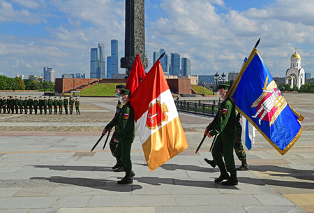 Rehearsal of Moscow City Day in Victory Park. Soldiers, cadets of military schools with flags of...