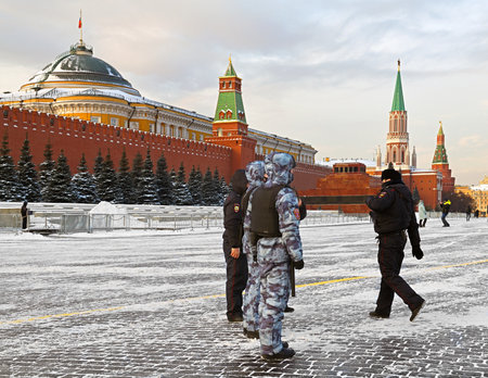 Police and National Guard officers on Red Square in winter day. Moscowのeditorial素材