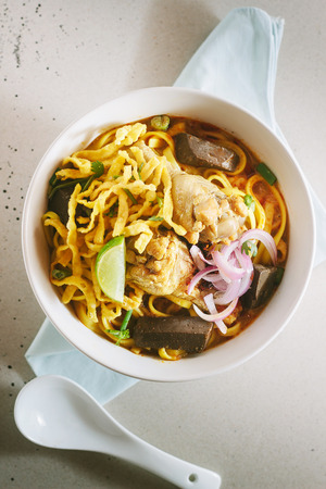 Curried Noodle Soup Khao soi with coconut milk, Northern Thai cuisine.の写真素材