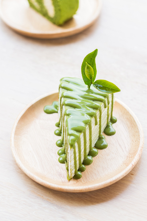 Crepe cake green tea,shallow Depth of Field,Focus on tea leaves.の写真素材