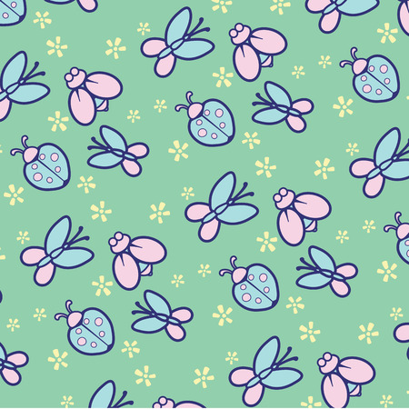 Seamless pattern with flowers and insects on green background.のイラスト素材
