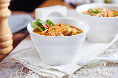 The eggplant curry pork with spicy Thai food,shallow Depth of Field,Focus on pork.の写真素材