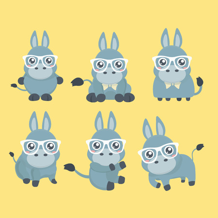 Vector set cute donkey in cartoon style. Collection isolated funny donkey in different pose.のイラスト素材