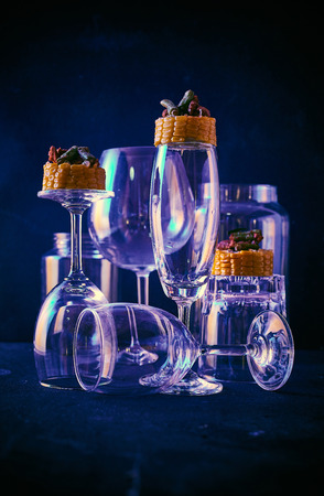 Spicy stir fried pork with red curry paste canapes.の写真素材