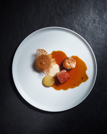 Beautiful and tasty food on a plate, exquisite dish, creative restaurant meal concept