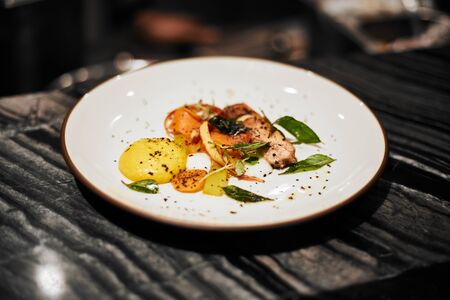 Beautiful and tasty food on a plate, exquisite dish, creative restaurant meal concept, selective focusの写真素材